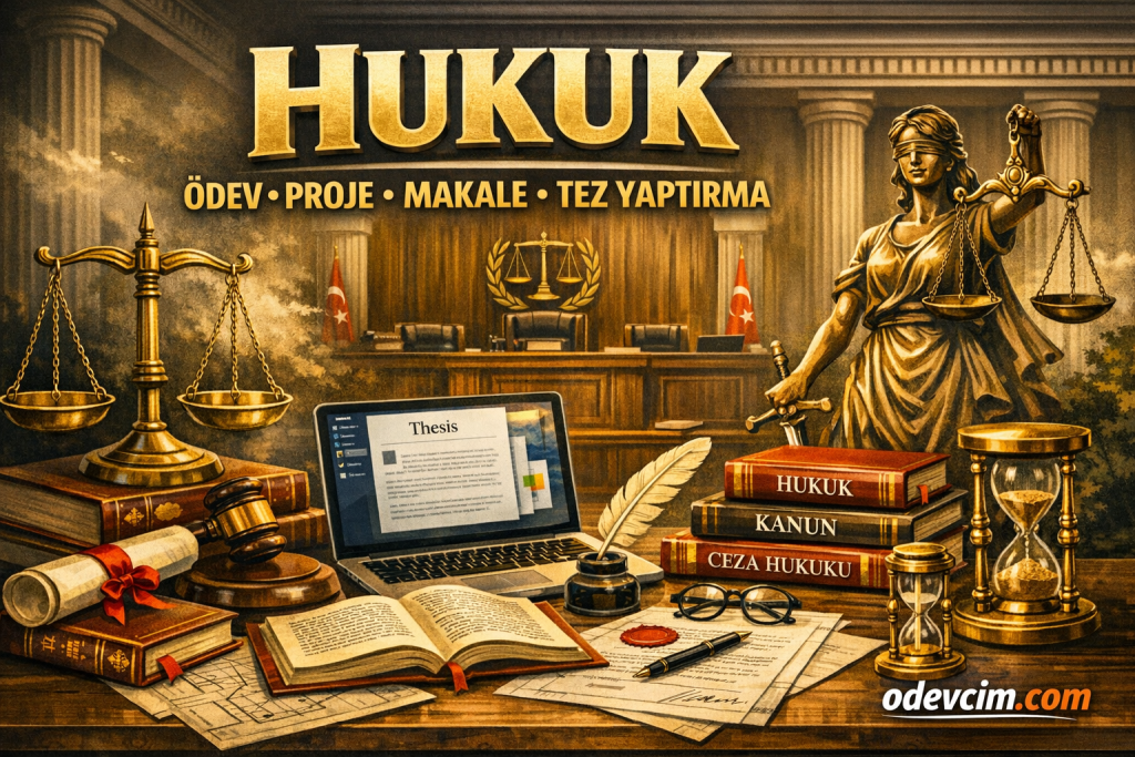 Hukuk ödev, proje, makale ve tez yaptırma merkezi - Ödevcim ile anayasa hukuku, ceza hukuku, medeni hukuk, borçlar hukuku, idare hukuku, ticaret hukuku ve tüm hukuk dallarında akademik destek. Lisans, yüksek lisans, doktora öğrencilerine özel hukuk tezi yazdırma, hukuk makalesi yazımı, hukuk projesi hazırlama, hukuk ödevi yaptırma, hukuk ingilizce çeviri, vaka analizi, içtihat incelemesi. 32.091+ başarılı çalışma, 150+ uzman akademisyen, uygun fiyat, zamanında teslim, Turnitin raporu garantisi. Ankara, İstanbul, Marmara, Galatasaray, Bilkent, Koç, Bahçeşehir ve tüm üniversitelerin hukuk fakültesi öğrencilerine profesyonel destek.