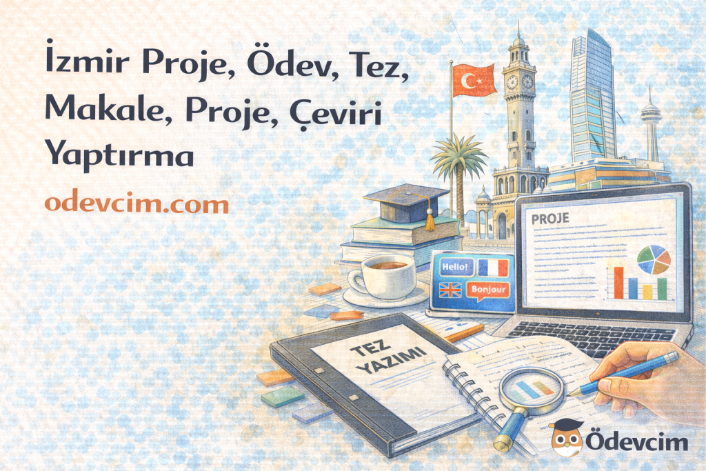 İzmir proje, ödev, tez, makale ve çeviri yaptırma merkezi - Ödevcim ile Dokuz Eylül, Ege Üniversitesi, İYTE, Kâtip Çelebi, Bakırçay, Demokrasi, Ekonomi, Yaşar ve Tınaztepe Üniversitesi öğrencilerine özel akademik danışmanlık hizmeti. Proje, ödev, tez, makale, çeviri, essay, sunum, staj defteri hazırlama. 32.091+ başarılı çalışma, 150+ uzman akademisyen, uygun fiyat, zamanında teslim, özgün içerik ve Turnitin raporu garantisi. İzmir'de güvenilir akademik proje ve ödev merkezi.