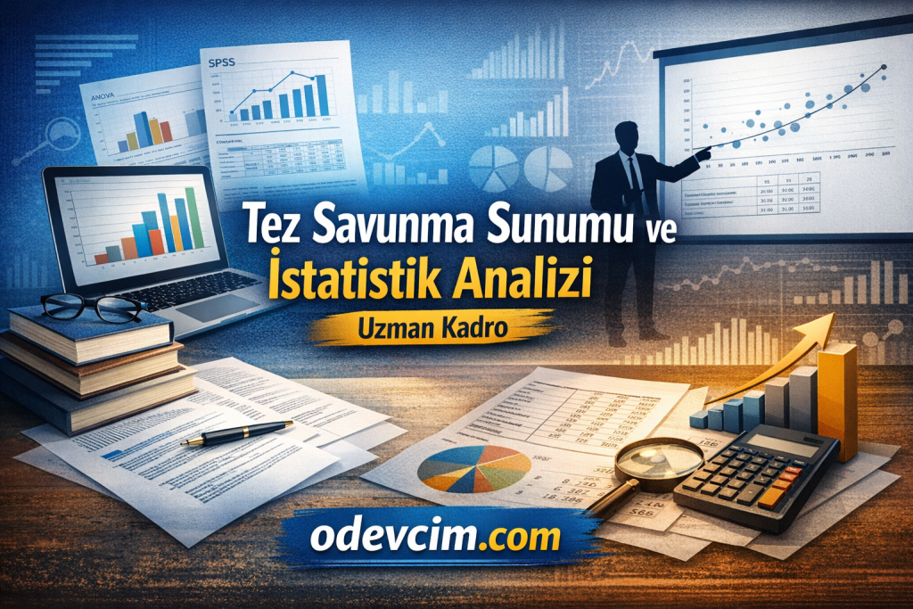 Turkish banner advertising a thesis defense presentation and statistical analysis, showing charts, a presenter, laptop, and documents.