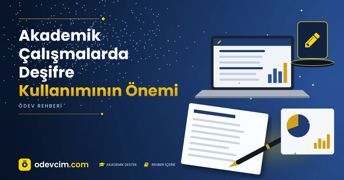 Akademik Çalışmalarda Deşifre Kullanımının Önemi – Ödevcim kapak görseli, kalem simgeli akademik belge illüstrasyonu