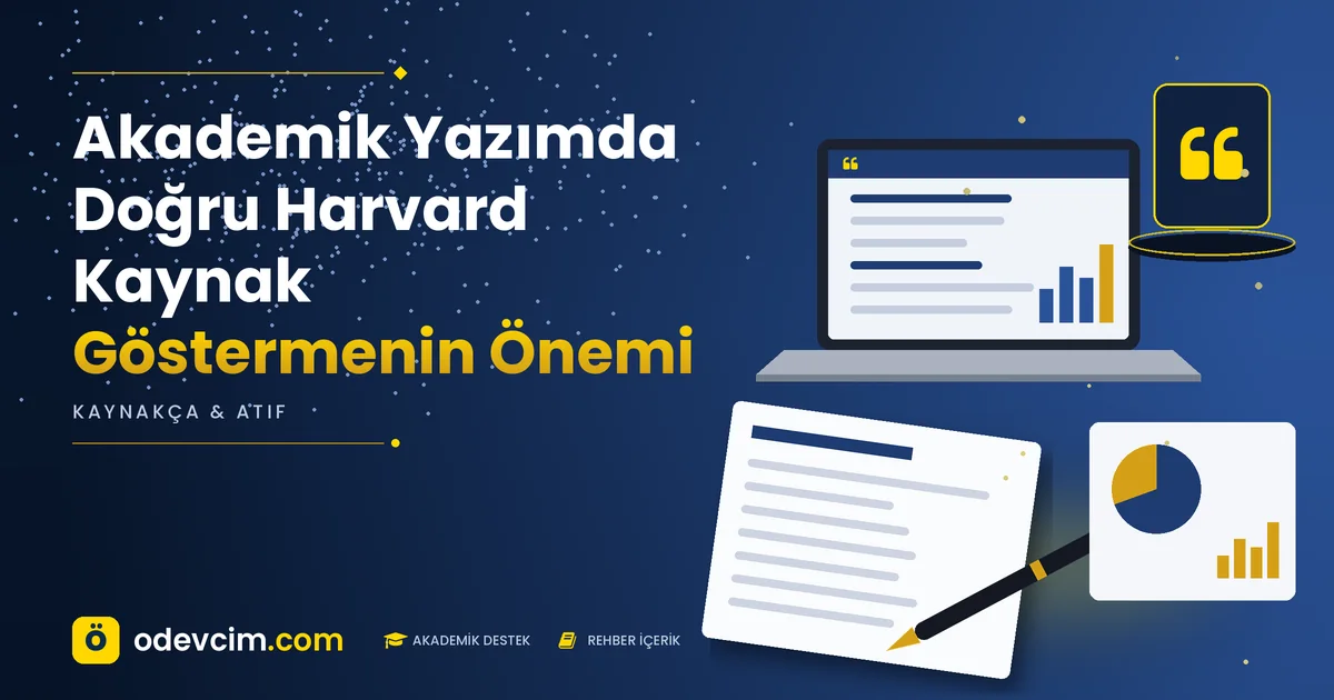 Akademik Yazımda Doğru Harvard Kaynak Göstermenin Önemi – Ödevcim kapak görseli, alıntı simgeli akademik belge illüstrasyonu