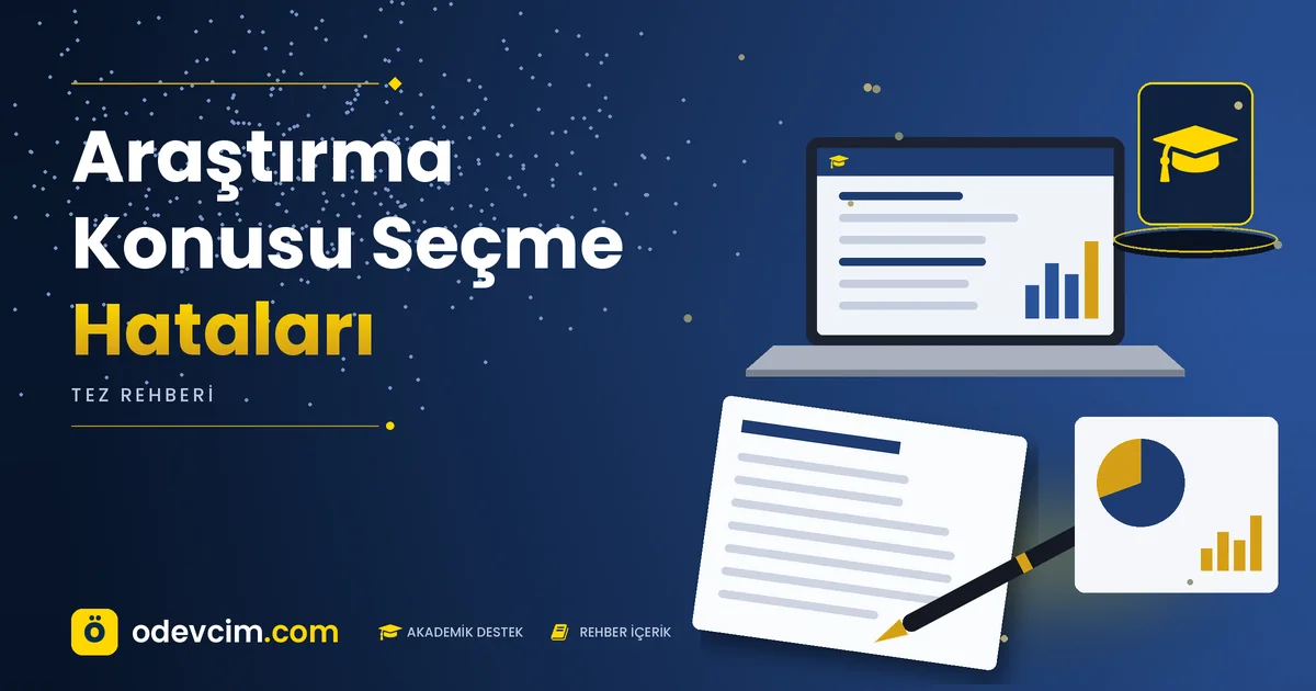 Araştırma Konusu Seçme Hataları – Ödevcim kapak görseli, kep simgeli akademik belge illüstrasyonu