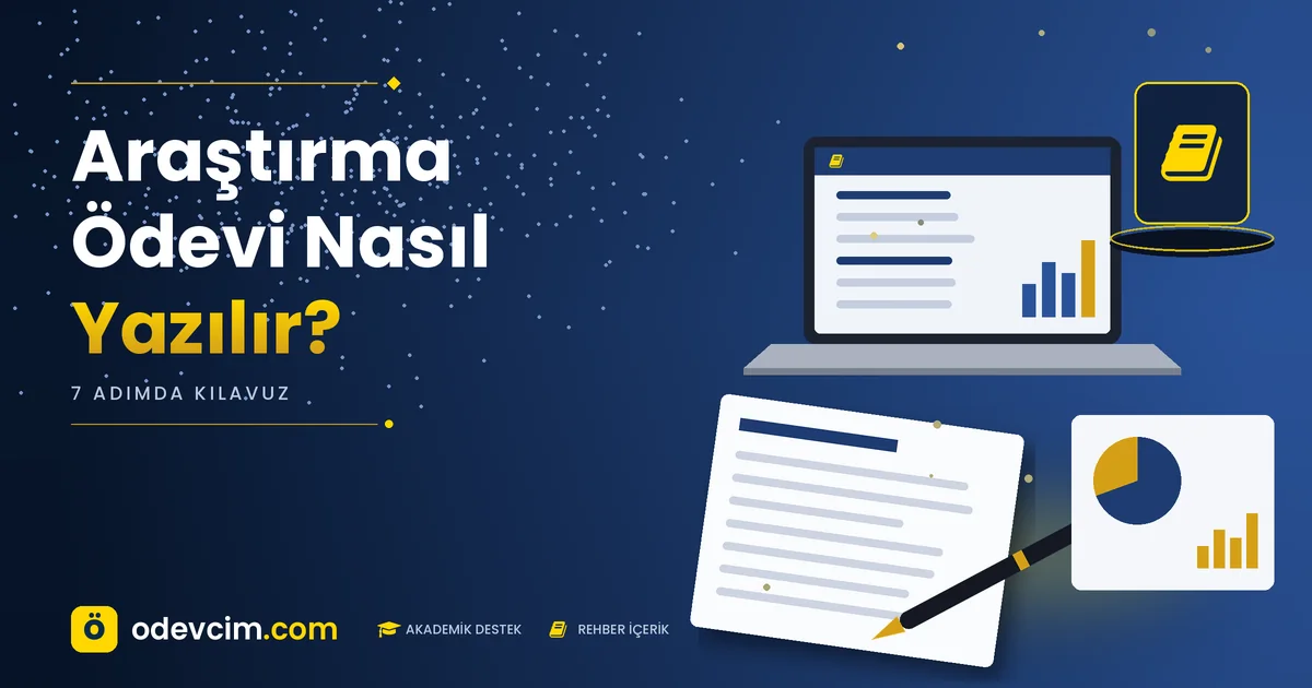 Araştırma ödevi nasıl yazılır kılavuzu – Ödevcim kapak görseli, kitap simgeli akademik belge illüstrasyonu