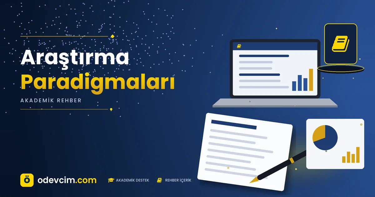 Araştırma Paradigmaları – Ödevcim kapak görseli, kitap simgeli akademik belge illüstrasyonu