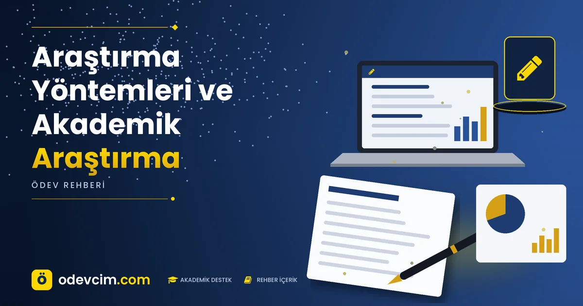 Araştırma Yöntemleri ve Akademik Araştırma – Ödevcim kapak görseli, kalem simgeli akademik belge illüstrasyonu
