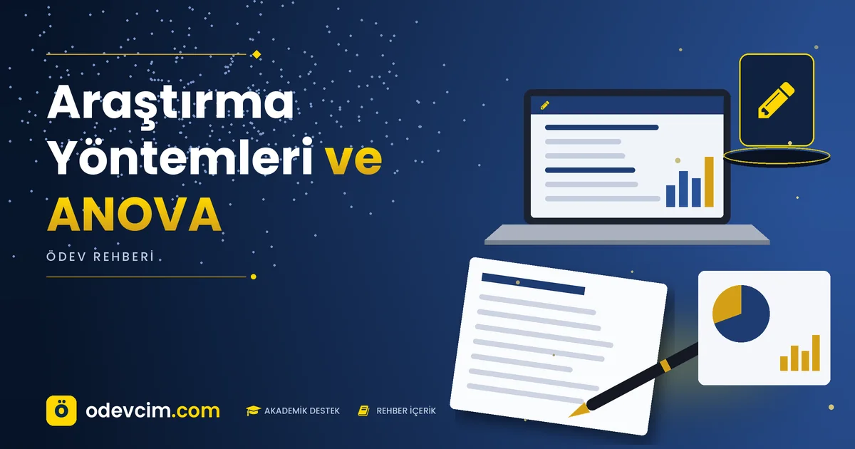 Araştırma Yöntemleri ve ANOVA – Ödevcim kapak görseli, kalem simgeli akademik belge illüstrasyonu
