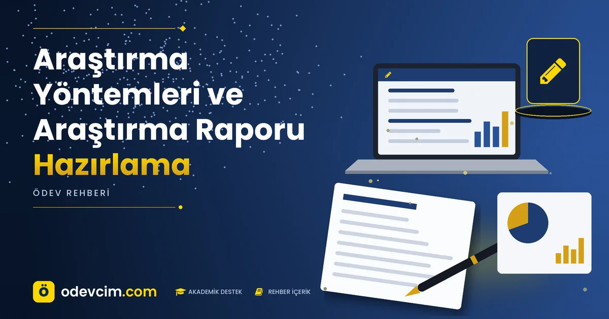 Araştırma Yöntemleri ve Araştırma Raporu Hazırlama – Ödevcim kapak görseli, kalem simgeli akademik belge illüstrasyonu