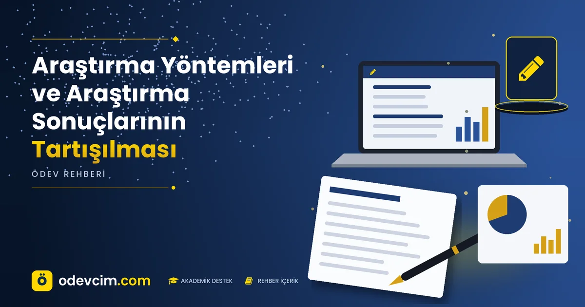 Araştırma Yöntemleri ve Araştırma Sonuçlarının Tartışılması – Ödevcim kapak görseli, kalem simgeli akademik belge illüstrasyonu