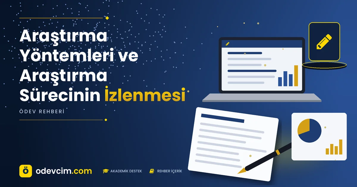 Araştırma Yöntemleri ve Araştırma Sürecinin İzlenmesi – Ödevcim kapak görseli, kalem simgeli akademik belge illüstrasyonu