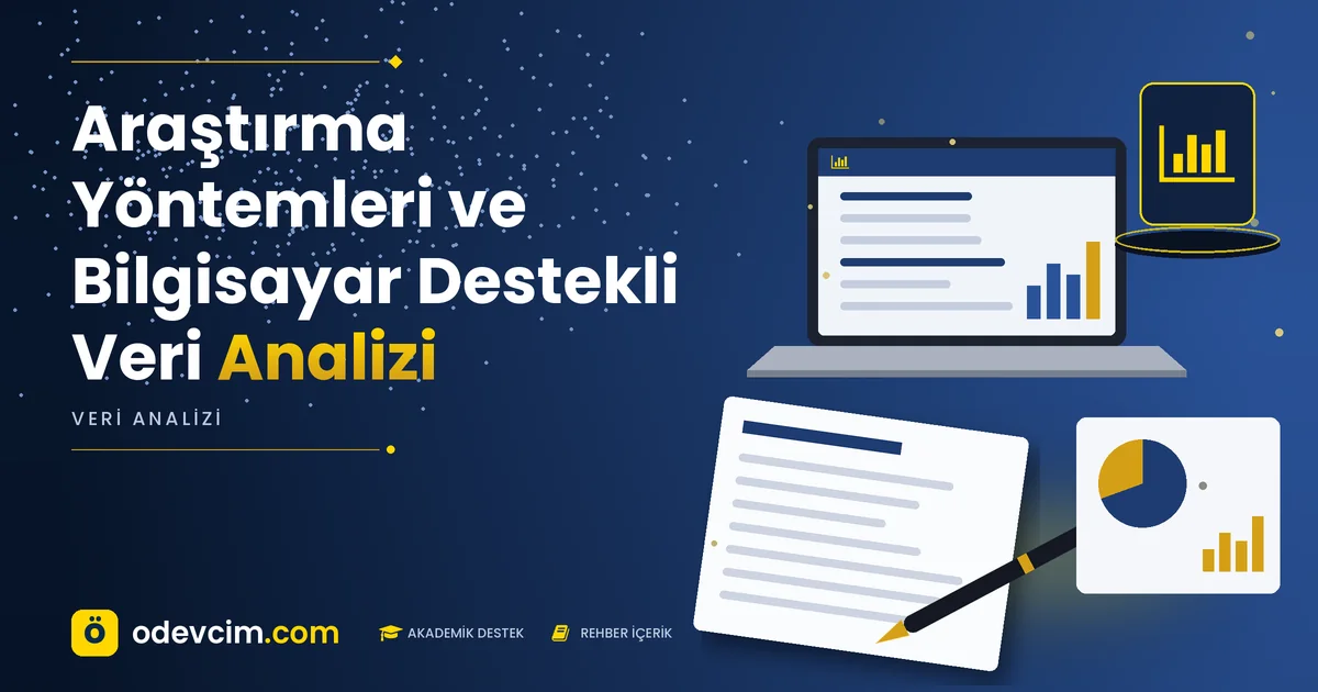 Araştırma Yöntemleri ve Bilgisayar Destekli Veri Analizi – Ödevcim kapak görseli, grafik simgeli akademik belge illüstrasyonu