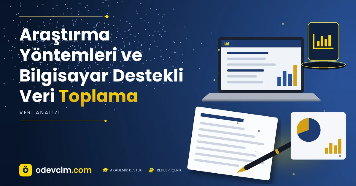 Araştırma Yöntemleri ve Bilgisayar Destekli Veri Toplama – Ödevcim kapak görseli, grafik simgeli akademik belge illüstrasyonu