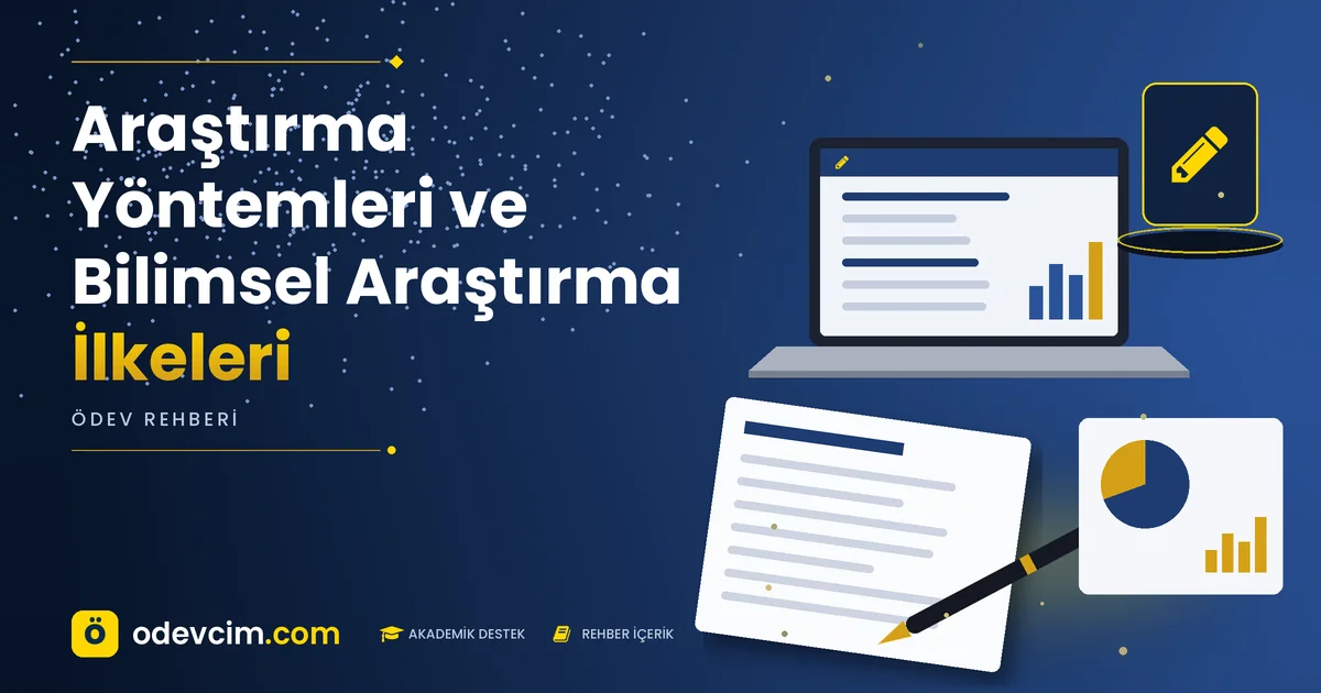 Araştırma Yöntemleri ve Bilimsel Araştırma İlkeleri – Ödevcim kapak görseli, kalem simgeli akademik belge illüstrasyonu