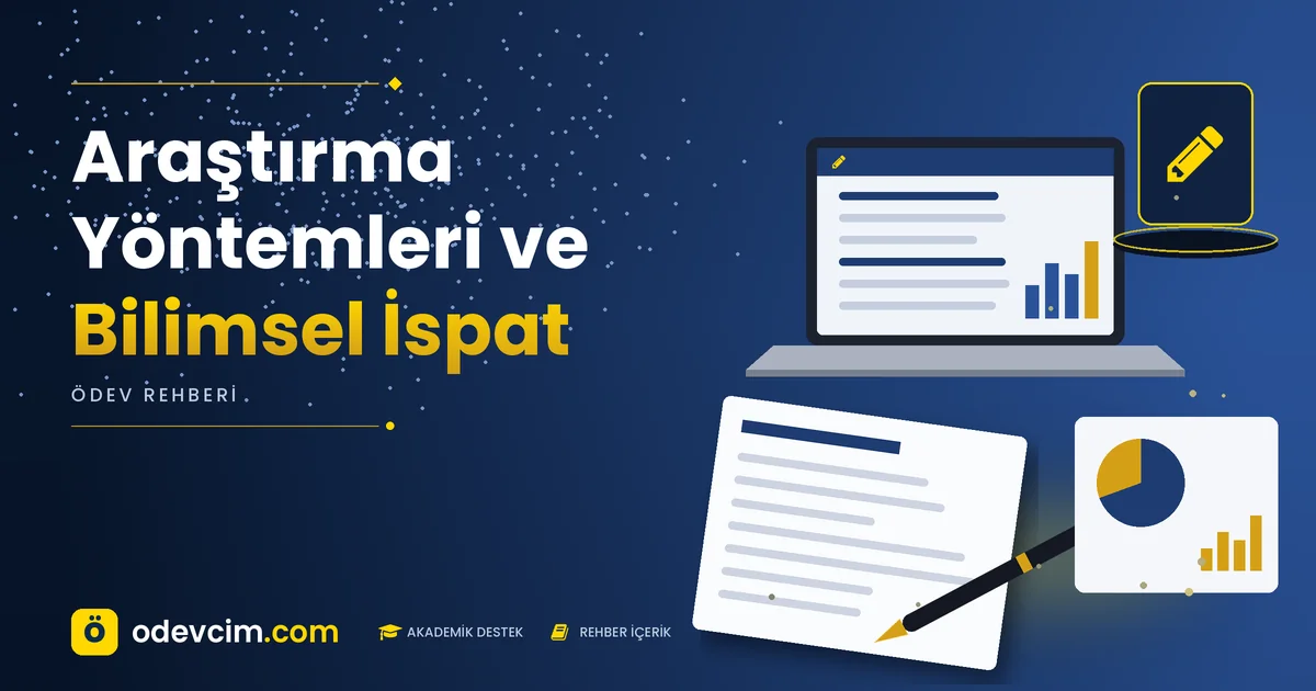Araştırma Yöntemleri ve Bilimsel İspat – Ödevcim kapak görseli, kalem simgeli akademik belge illüstrasyonu