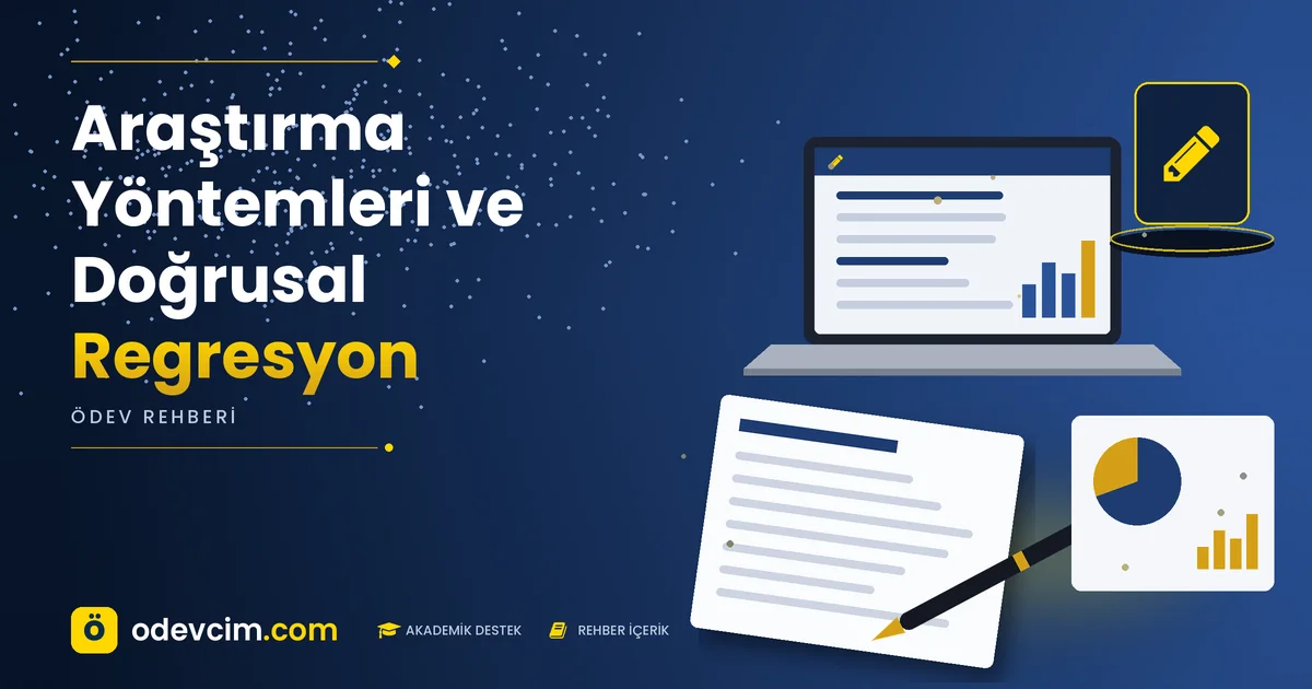 Araştırma Yöntemleri ve Doğrusal Regresyon – Ödevcim kapak görseli, kalem simgeli akademik belge illüstrasyonu