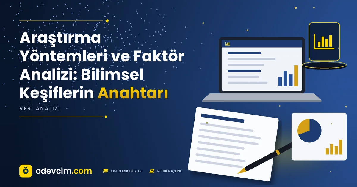Araştırma Yöntemleri ve Faktör Analizi: Bilimsel Keşiflerin Anahtarı – Ödevcim kapak görseli, grafik simgeli akademik belge illüstrasyonu
