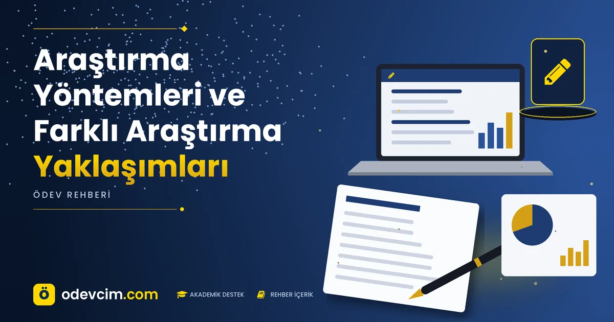 Araştırma Yöntemleri ve Farklı Araştırma Yaklaşımları – Ödevcim kapak görseli, kalem simgeli akademik belge illüstrasyonu