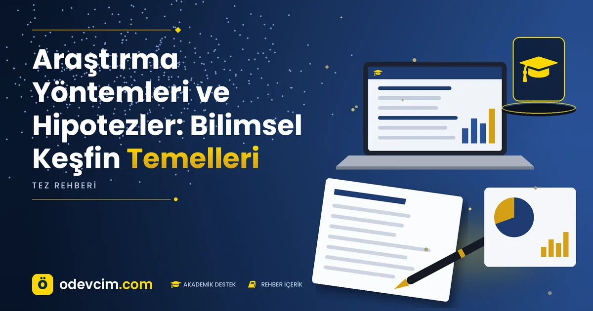 Araştırma Yöntemleri ve Hipotezler: Bilimsel Keşfin Temelleri – Ödevcim kapak görseli, kep simgeli akademik belge illüstrasyonu