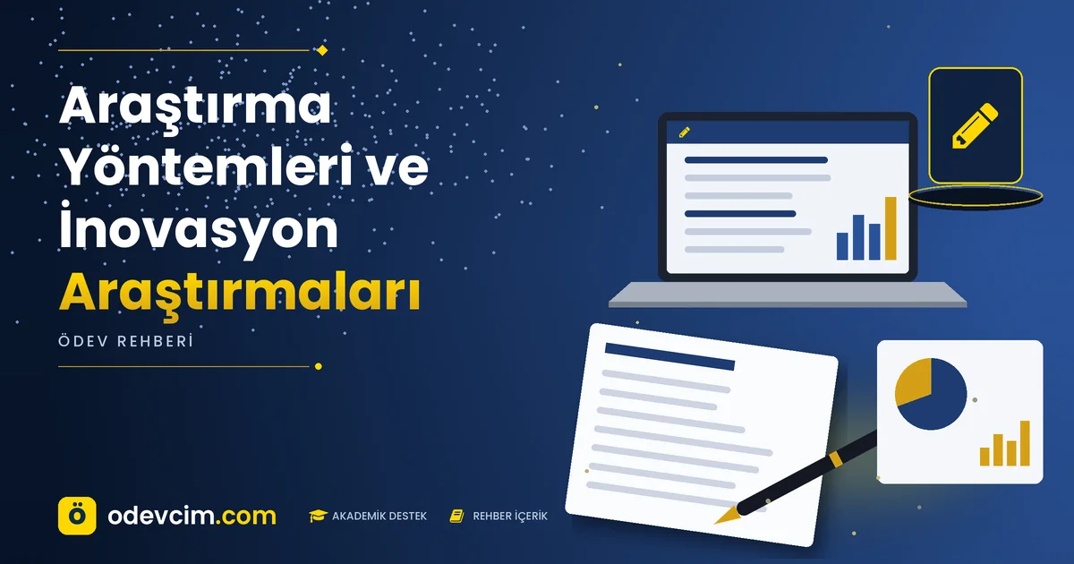 Araştırma Yöntemleri ve İnovasyon Araştırmaları – Ödevcim kapak görseli, kalem simgeli akademik belge illüstrasyonu