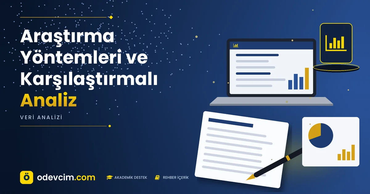 Araştırma Yöntemleri ve Karşılaştırmalı Analiz – Ödevcim kapak görseli, grafik simgeli akademik belge illüstrasyonu
