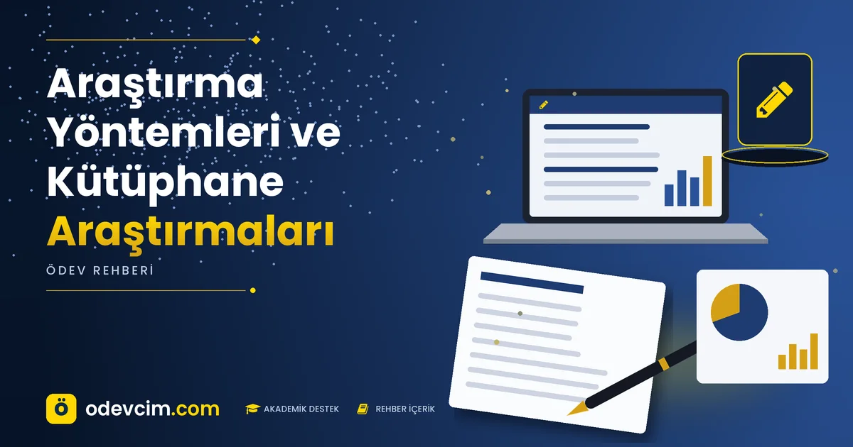 Araştırma Yöntemleri ve Kütüphane Araştırmaları – Ödevcim kapak görseli, kalem simgeli akademik belge illüstrasyonu