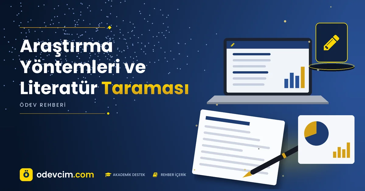 Araştırma Yöntemleri ve Literatür Taraması – Ödevcim kapak görseli, kalem simgeli akademik belge illüstrasyonu
