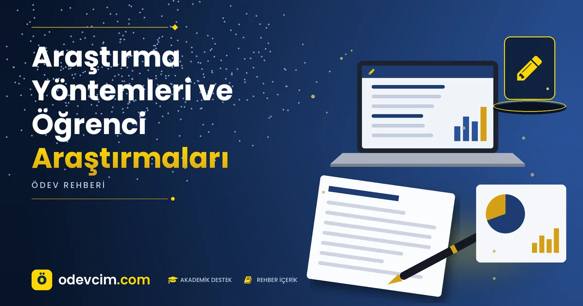 Araştırma Yöntemleri ve Öğrenci Araştırmaları – Ödevcim kapak görseli, kalem simgeli akademik belge illüstrasyonu