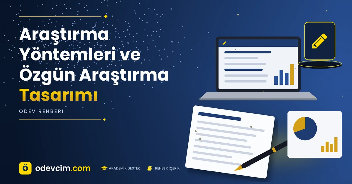Araştırma Yöntemleri ve Özgün Araştırma Tasarımı – Ödevcim kapak görseli, kalem simgeli akademik belge illüstrasyonu