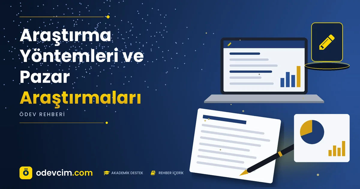 Araştırma Yöntemleri ve Pazar Araştırmaları – Ödevcim kapak görseli, kalem simgeli akademik belge illüstrasyonu
