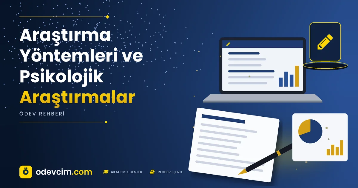 Araştırma Yöntemleri ve Psikolojik Araştırmalar – Ödevcim kapak görseli, kalem simgeli akademik belge illüstrasyonu