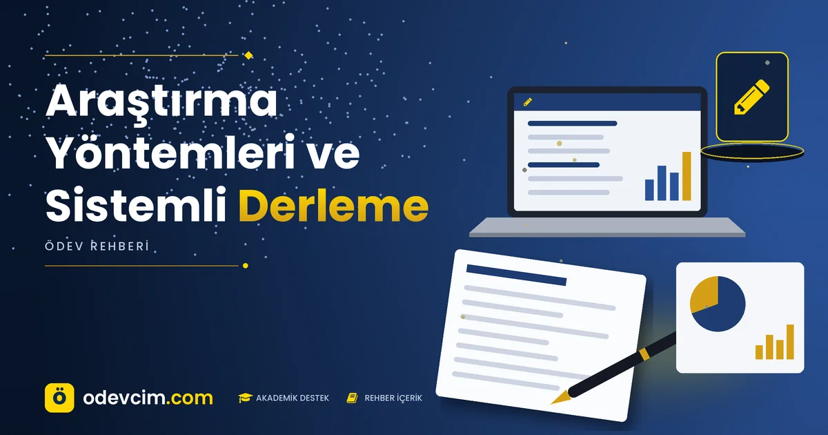Araştırma Yöntemleri ve Sistemli Derleme – Ödevcim kapak görseli, kalem simgeli akademik belge illüstrasyonu