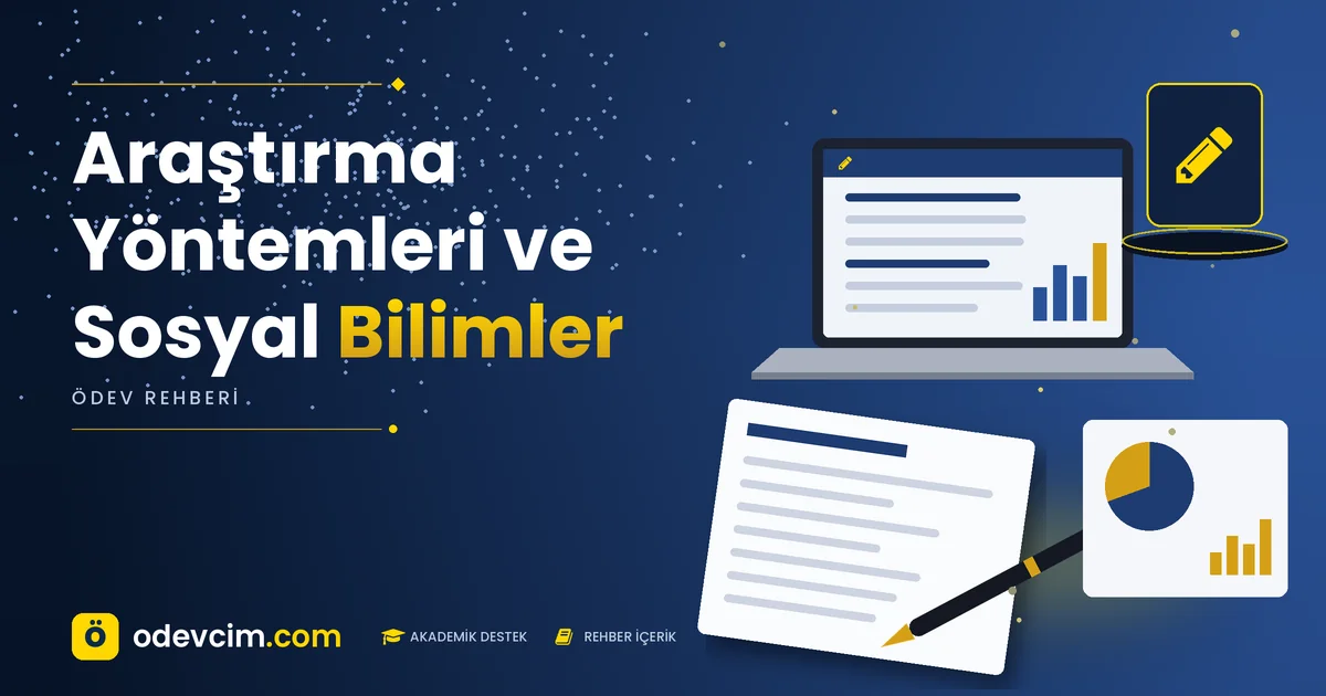Araştırma Yöntemleri ve Sosyal Bilimler – Ödevcim kapak görseli, kalem simgeli akademik belge illüstrasyonu