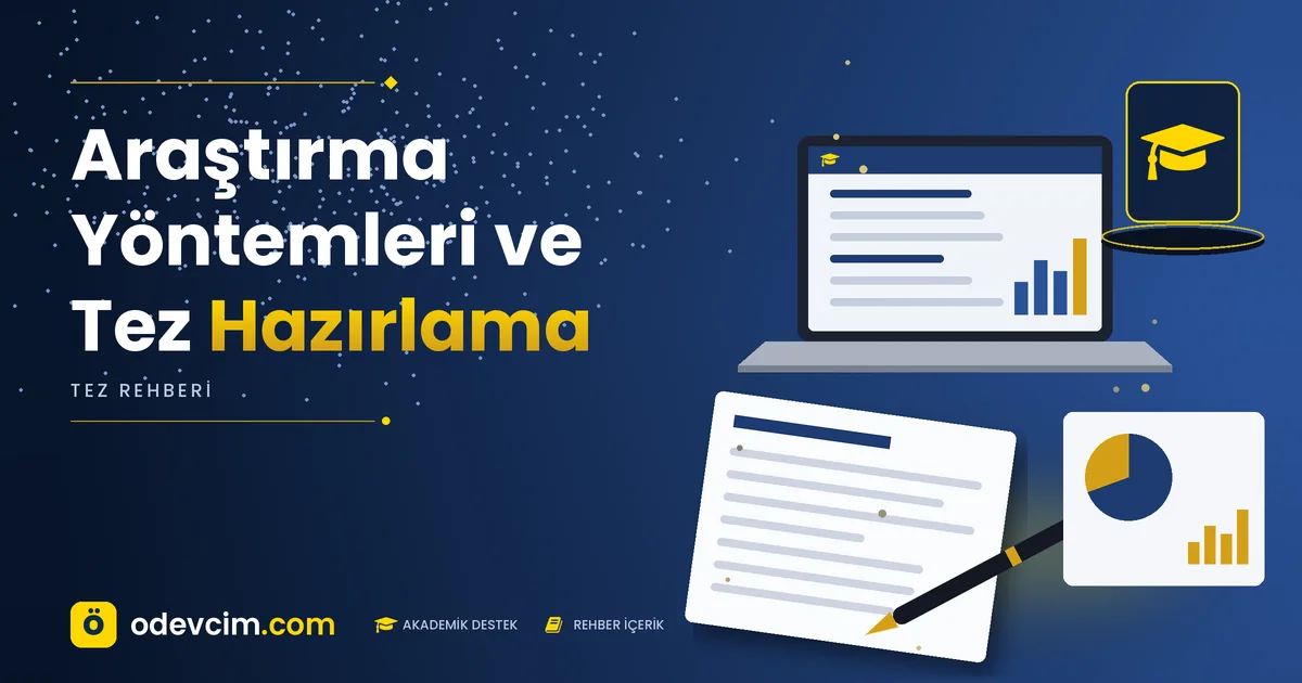 Araştırma Yöntemleri ve Tez Hazırlama – Ödevcim kapak görseli, kep simgeli akademik belge illüstrasyonu