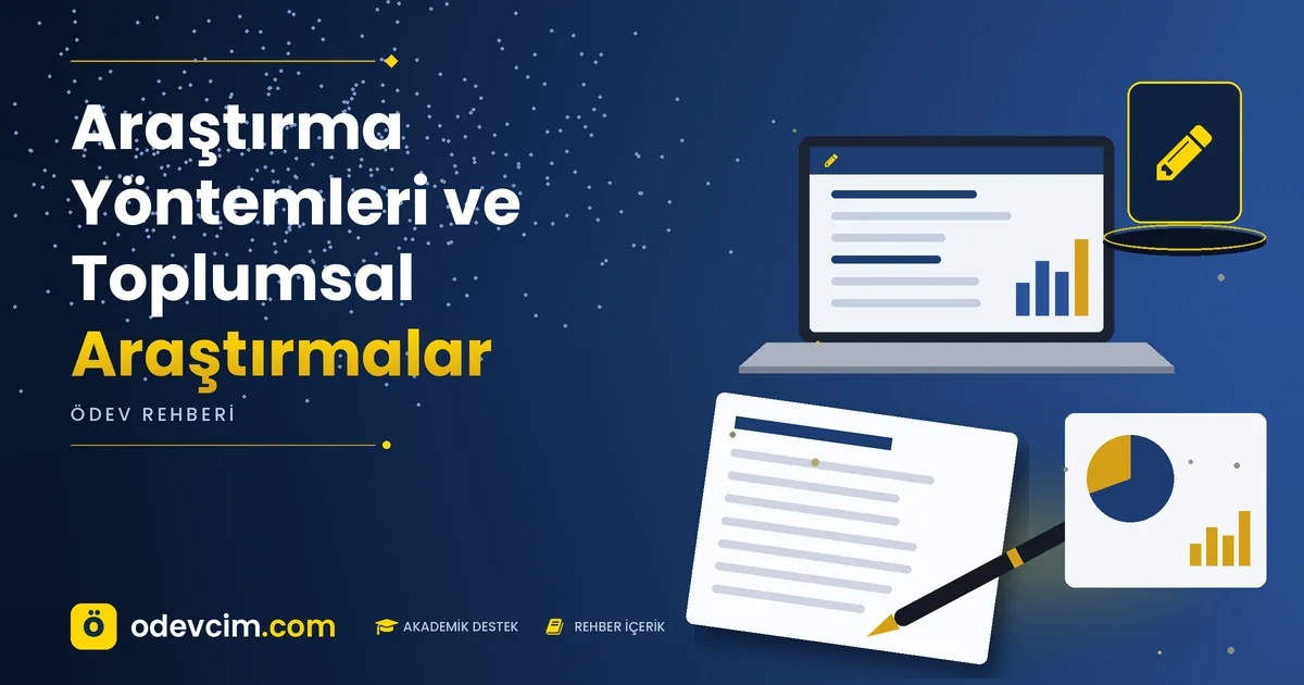 Araştırma Yöntemleri ve Toplumsal Araştırmalar – Ödevcim kapak görseli, kalem simgeli akademik belge illüstrasyonu