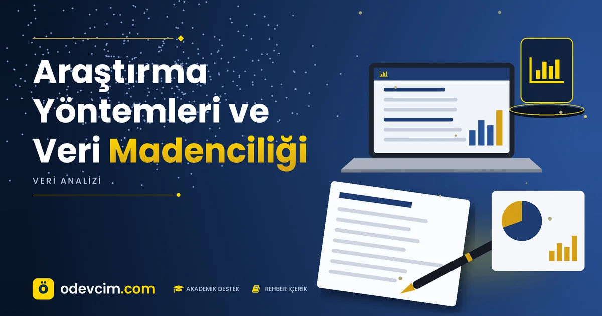Araştırma Yöntemleri ve Veri Madenciliği – Ödevcim kapak görseli, grafik simgeli akademik belge illüstrasyonu