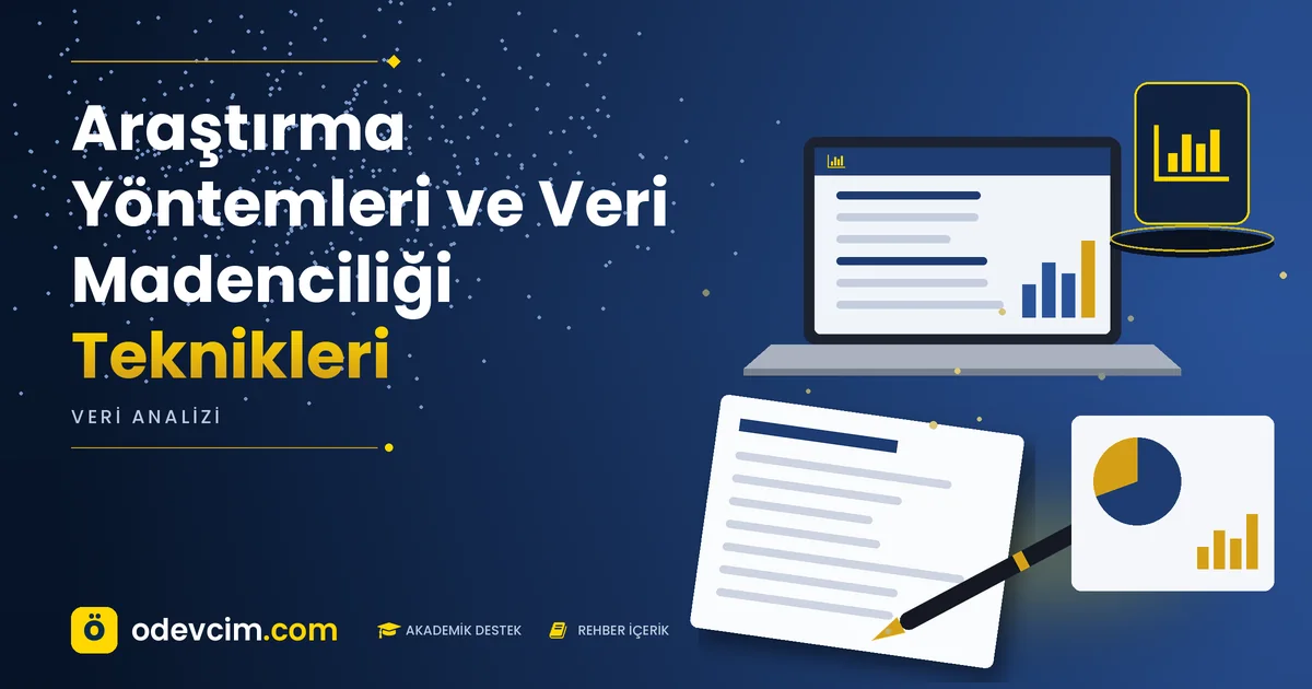 Araştırma Yöntemleri ve Veri Madenciliği Teknikleri – Ödevcim kapak görseli, grafik simgeli akademik belge illüstrasyonu