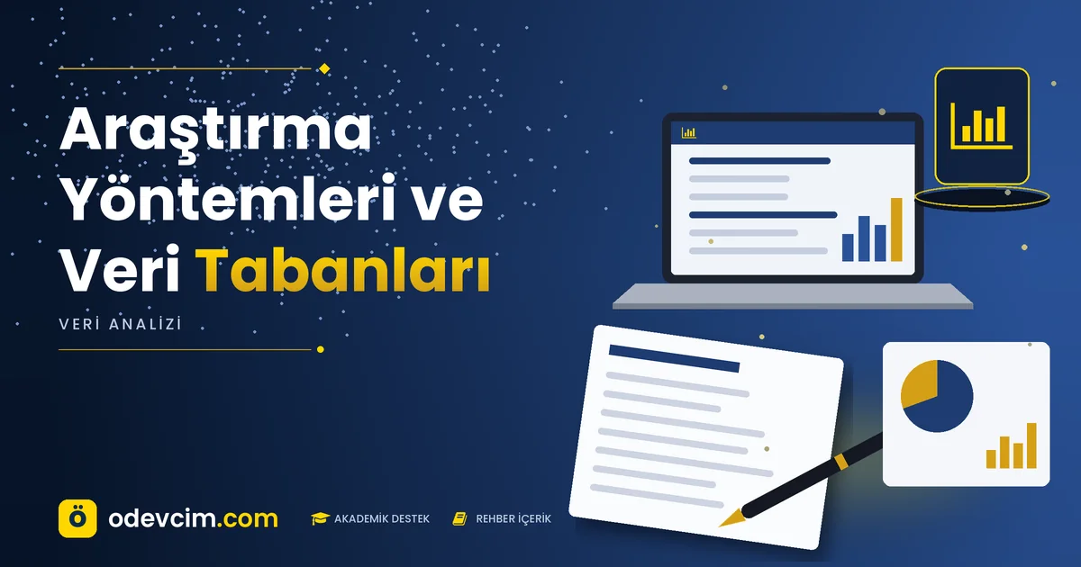 Araştırma Yöntemleri ve Veri Tabanları – Ödevcim kapak görseli, grafik simgeli akademik belge illüstrasyonu