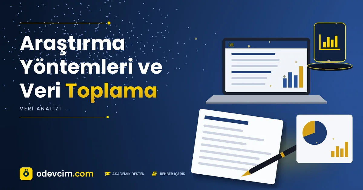 Araştırma Yöntemleri ve Veri Toplama – Ödevcim kapak görseli, grafik simgeli akademik belge illüstrasyonu