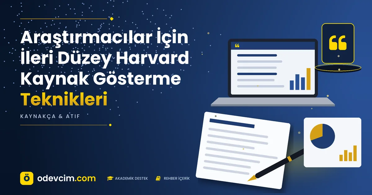 Araştırmacılar İçin İleri Düzey Harvard Kaynak Gösterme Teknikleri – Ödevcim kapak görseli, alıntı simgeli akademik belge illüstrasyonu