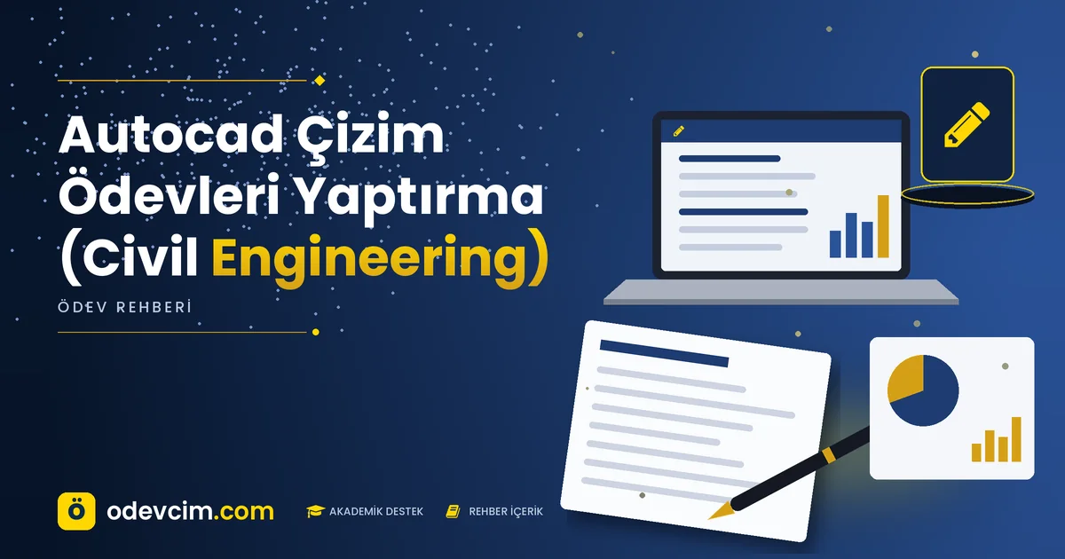 Autocad Çizim Ödevleri Yaptırma (Civil Engineering) – Ödevcim kapak görseli, kalem simgeli akademik belge illüstrasyonu