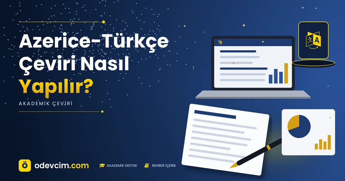 Azerice-Türkçe Çeviri Nasıl Yapılır? – Ödevcim kapak görseli, dil/çeviri simgeli akademik belge illüstrasyonu