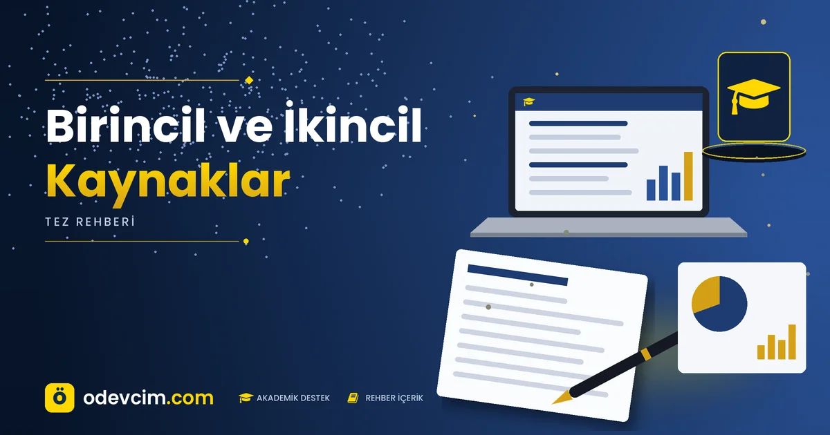 Birincil ve İkincil Kaynaklar – Ödevcim kapak görseli, kep simgeli akademik belge illüstrasyonu