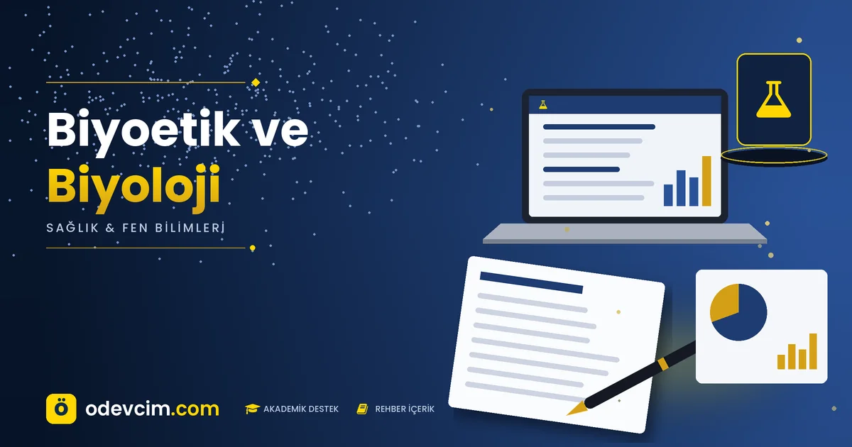 Biyoetik ve Biyoloji – Ödevcim kapak görseli, laboratuvar şişesi simgeli akademik belge illüstrasyonu