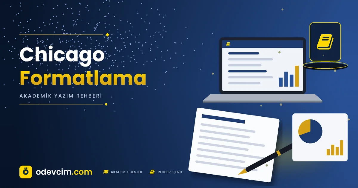 Chicago formatlama – Ödevcim kapak görseli, dipnot ve kaynakça düzenleme rehberi illüstrasyonu