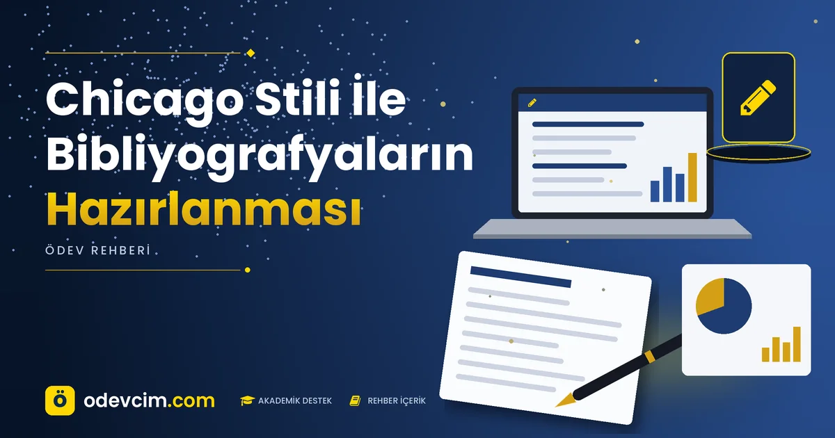 Chicago Stili İle Bibliyografyaların Hazırlanması – Ödevcim kapak görseli, kalem simgeli akademik belge illüstrasyonu