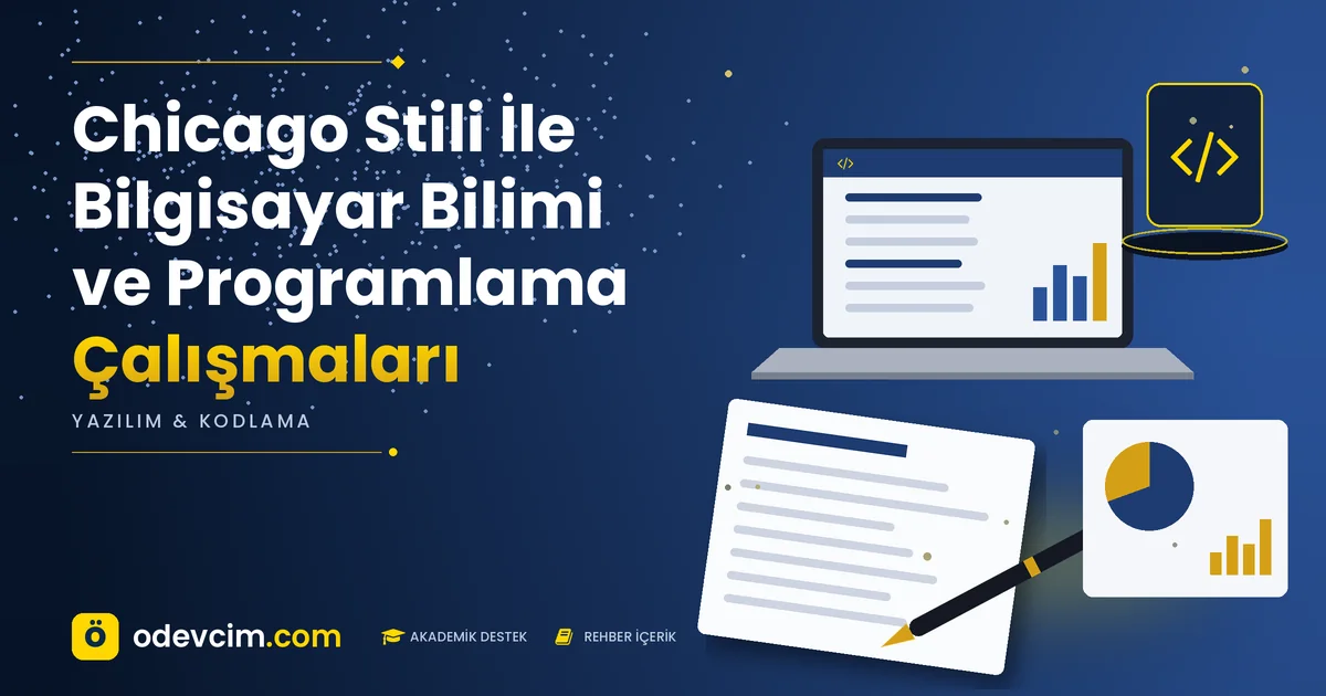 Chicago Stili İle Bilgisayar Bilimi ve Programlama Çalışmaları – Ödevcim kapak görseli, kod simgeli akademik belge illüstrasyonu