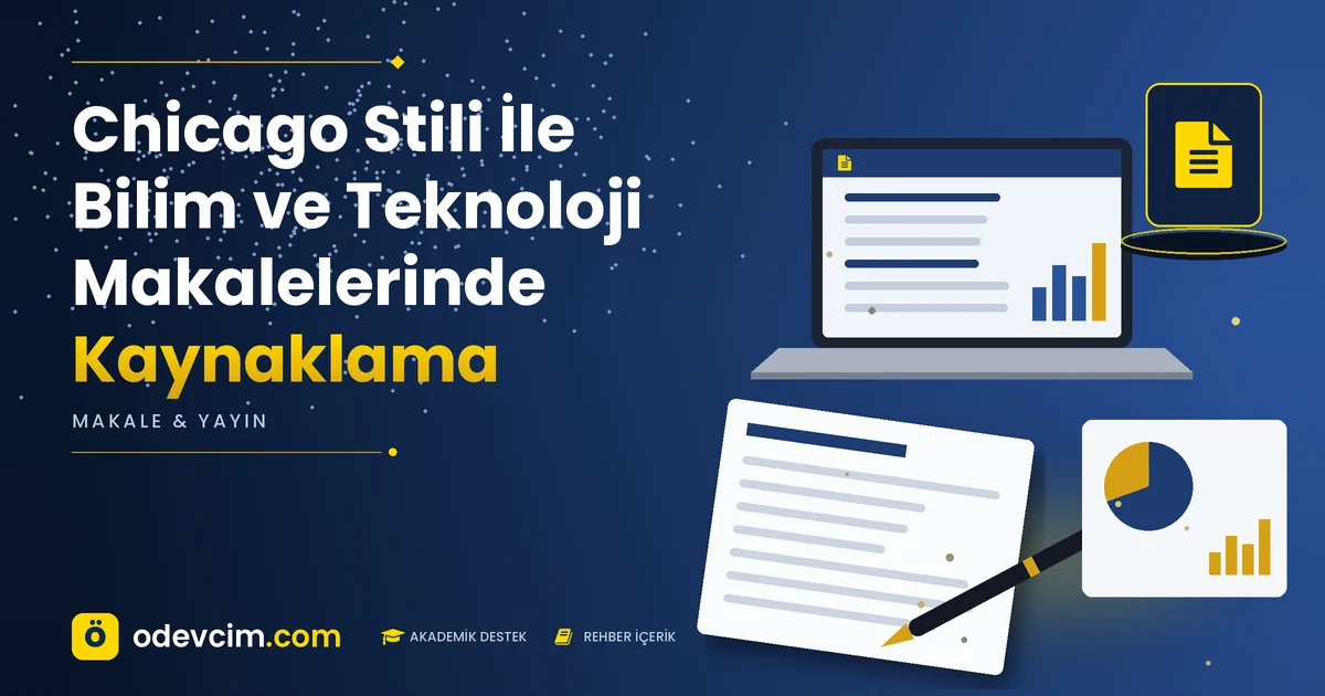 Chicago Stili İle Bilim ve Teknoloji Makalelerinde Kaynaklama – Ödevcim kapak görseli, makale sayfası simgeli akademik belge illüstrasyonu