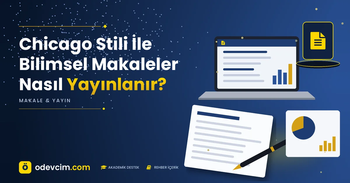 Chicago Stili İle Bilimsel Makaleler Nasıl Yayınlanır? – Ödevcim kapak görseli, makale sayfası simgeli akademik belge illüstrasyonu
