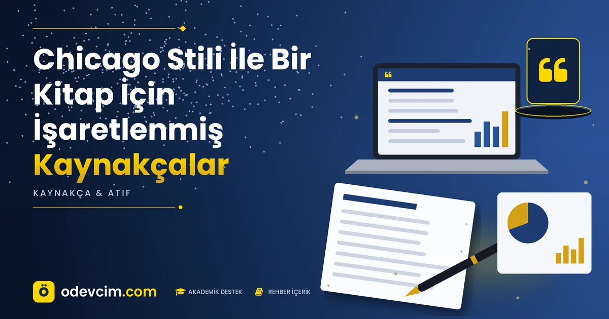 Chicago Stili İle Bir Kitap İçin İşaretlenmiş Kaynakçalar – Ödevcim kapak görseli, alıntı simgeli akademik belge illüstrasyonu