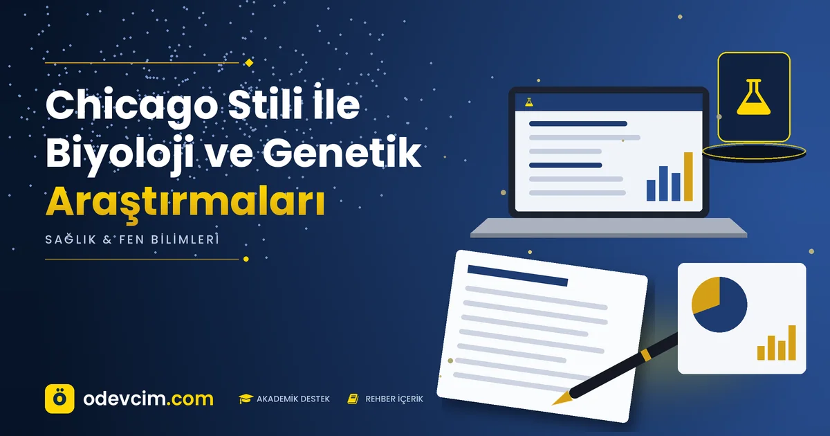 Chicago Stili İle Biyoloji ve Genetik Araştırmaları – Ödevcim kapak görseli, laboratuvar şişesi simgeli akademik belge illüstrasyonu
