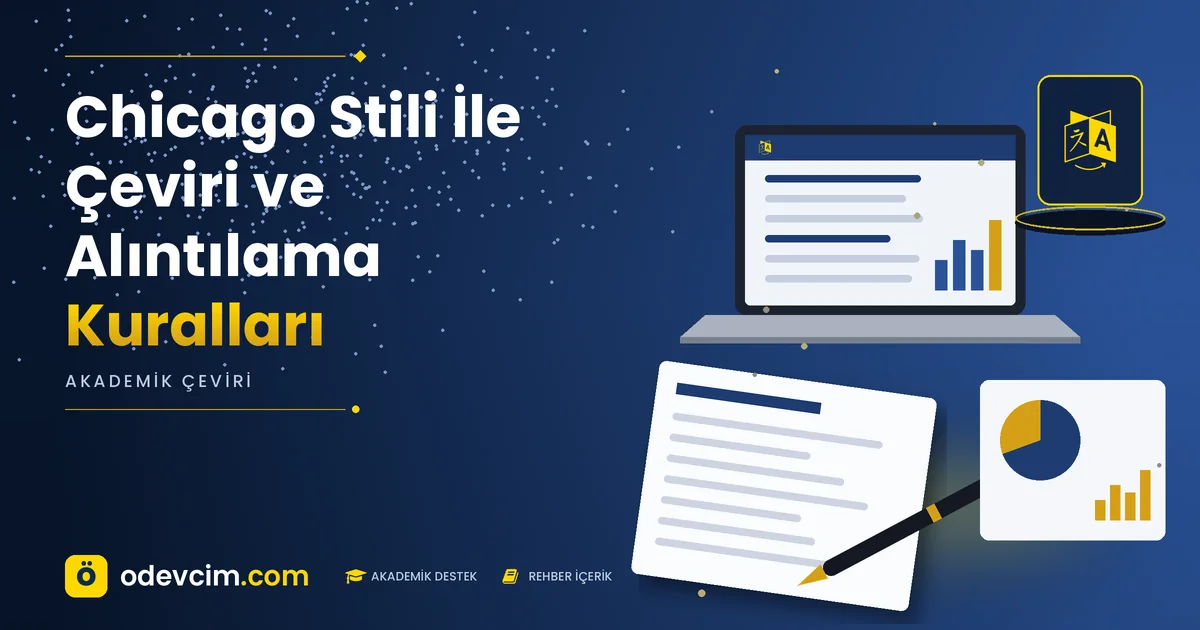 Chicago Stili İle Çeviri ve Alıntılama Kuralları – Ödevcim kapak görseli, dil/çeviri simgeli akademik belge illüstrasyonu